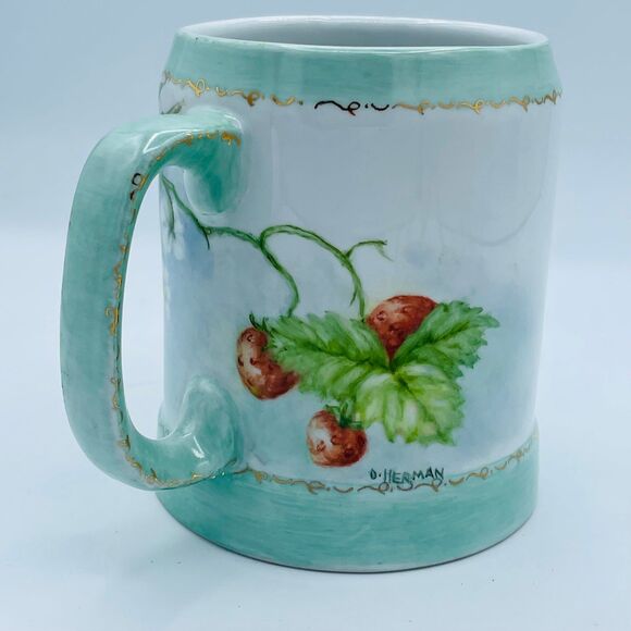 VTG Porcelain Baby Blue Tankard Mug Hand Painted Strawberries Vines Signed OOAK - Picture 3 of 8